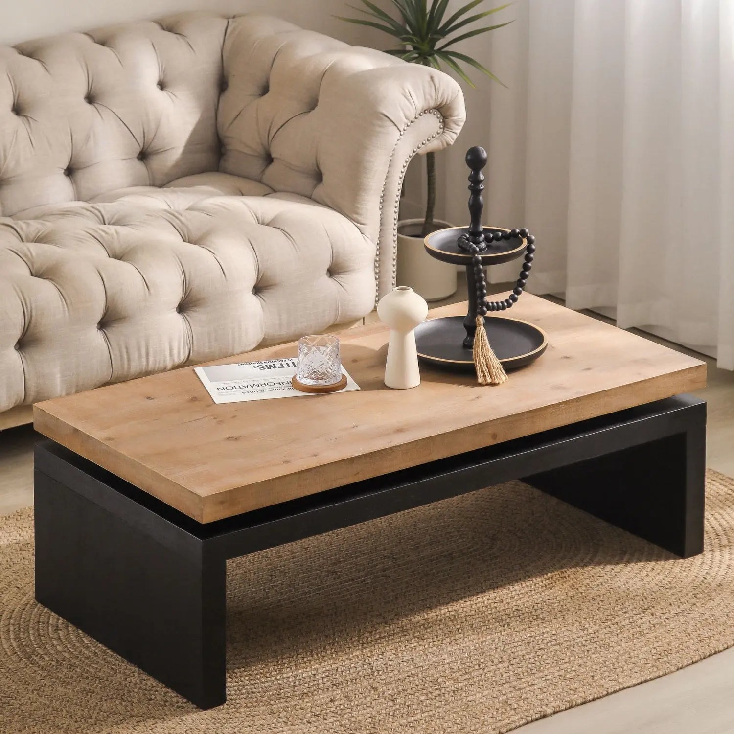 48" Natural and Black Wood Floating Frame Coffee Table Homeroots Living Room
