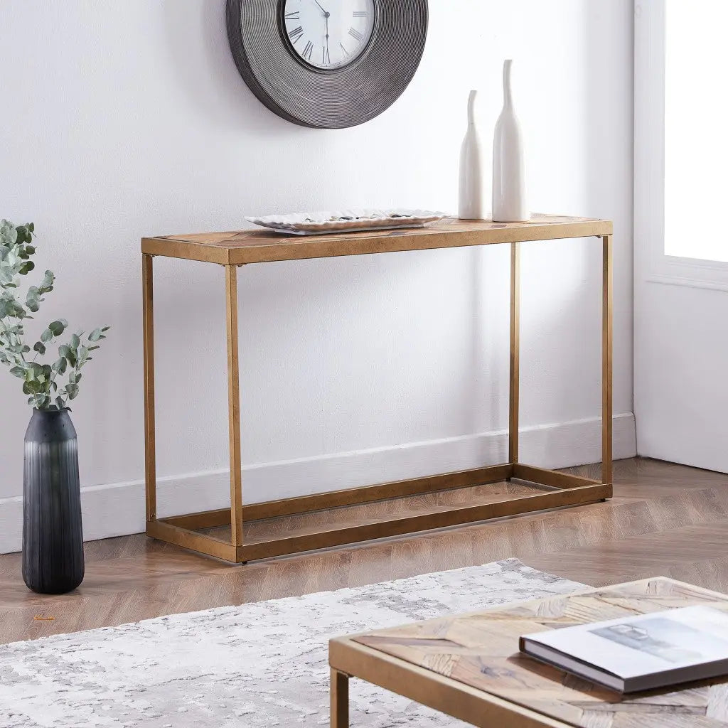 48" Natural and Brass Reclaimed Wood Frame Console Table Homeroots Living Room