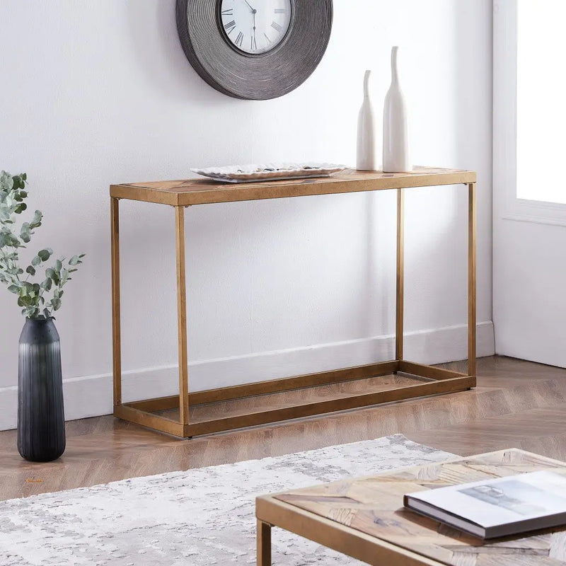 48" Natural and Brass Reclaimed Wood Frame Console Table Homeroots Living Room