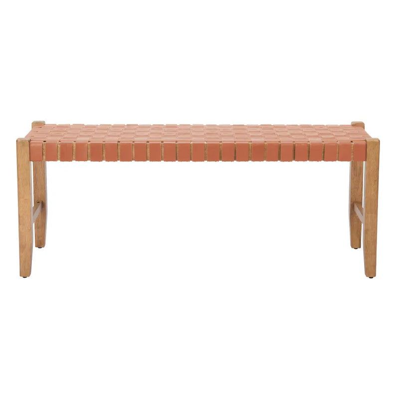48" Tan and Brown Genuine Leather and Solid Wood Upholstered Dining Bench Homeroots Living Room
