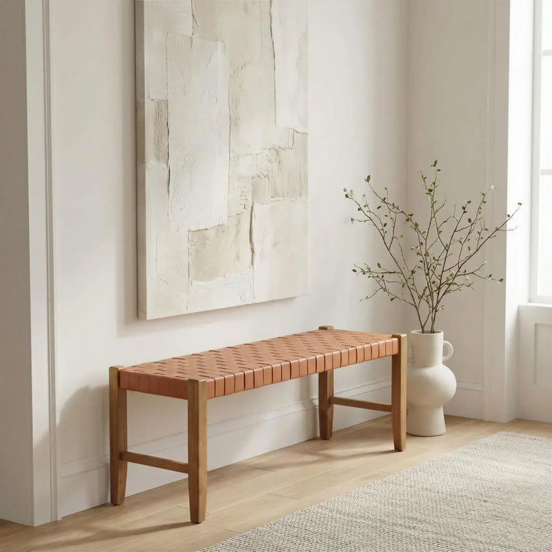 48" Tan and Brown Genuine Leather and Solid Wood Upholstered Dining Bench Homeroots Living Room