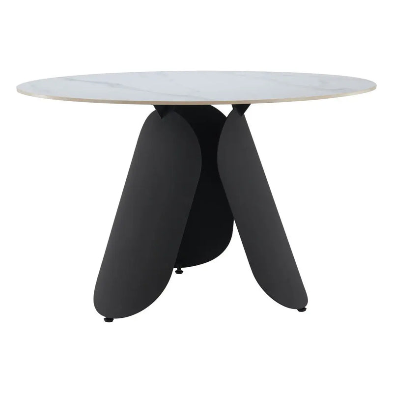 Round marble top dining table with black metal legs, modern design, perfect for contemporary kitchen or dining spaces.
