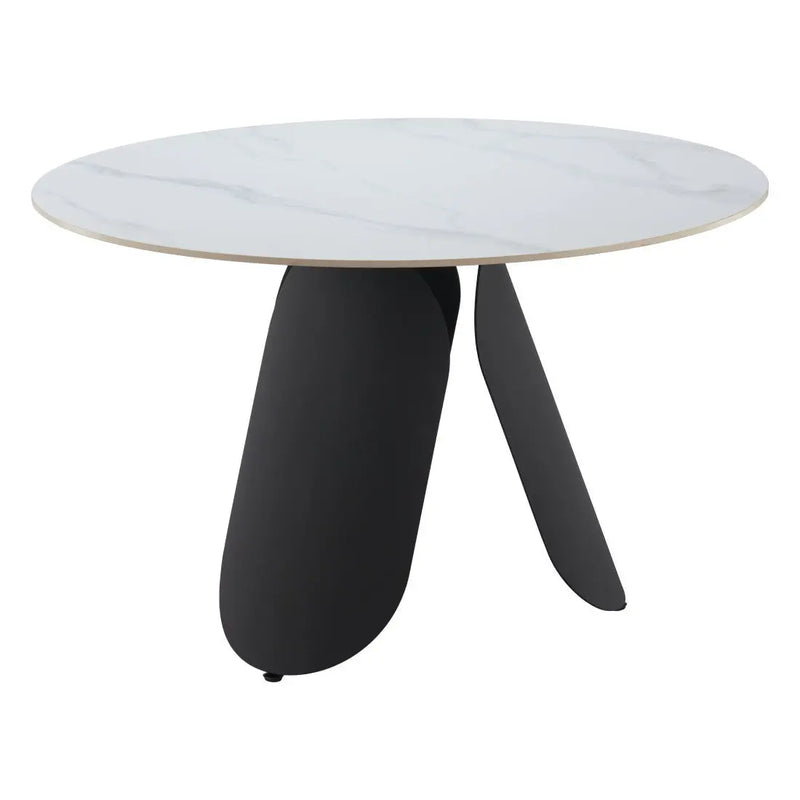 Round marble top dining table with sleek black legs, modern minimalist design, perfect for contemporary interiors.