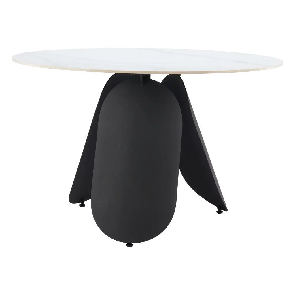 48" White and Black Faux Marble and Steel Pedestal Base Round Top Dining Table Homeroots Kitchen & Dining
