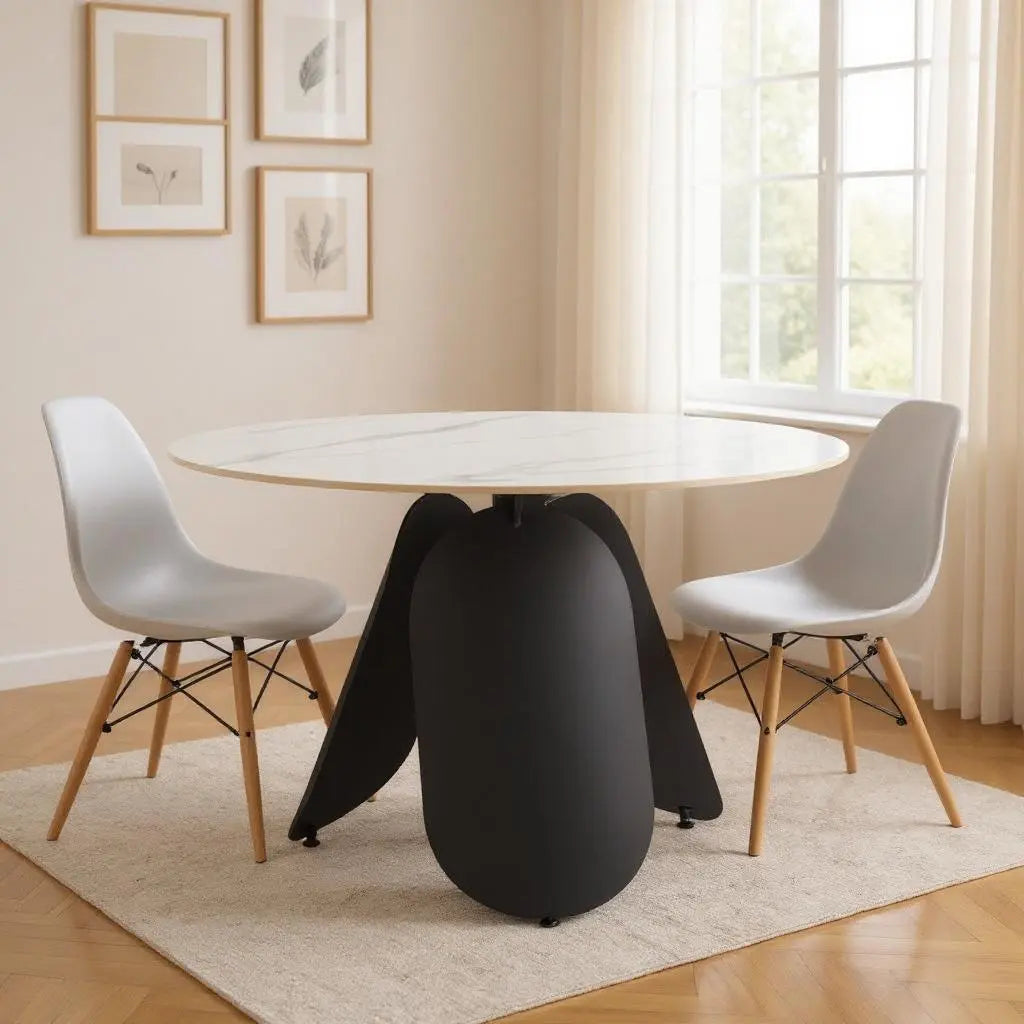 48" White and Black Faux Marble and Steel Pedestal Base Round Top Dining Table Homeroots Kitchen & Dining