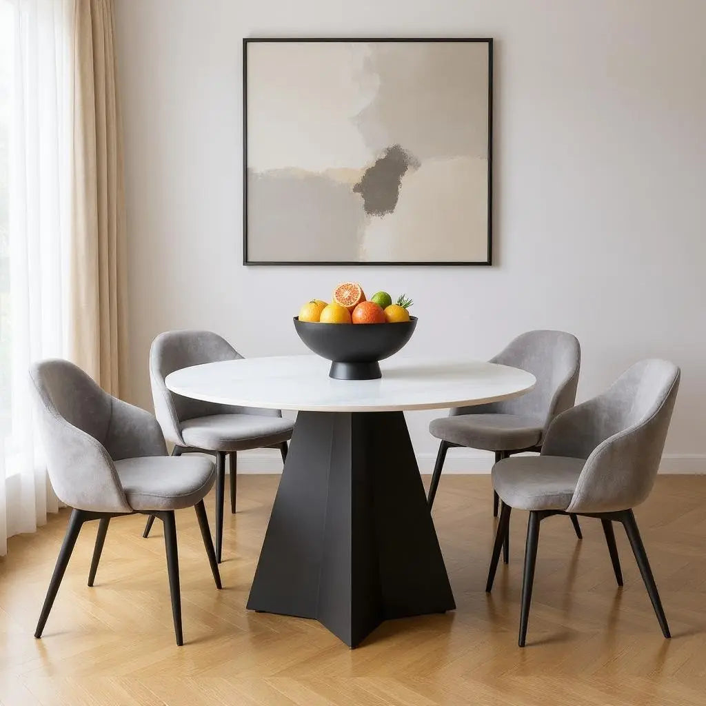 48" White and Black Sintered Stone and Steel Pedestal Base Round Dining Table Homeroots Kitchen & Dining