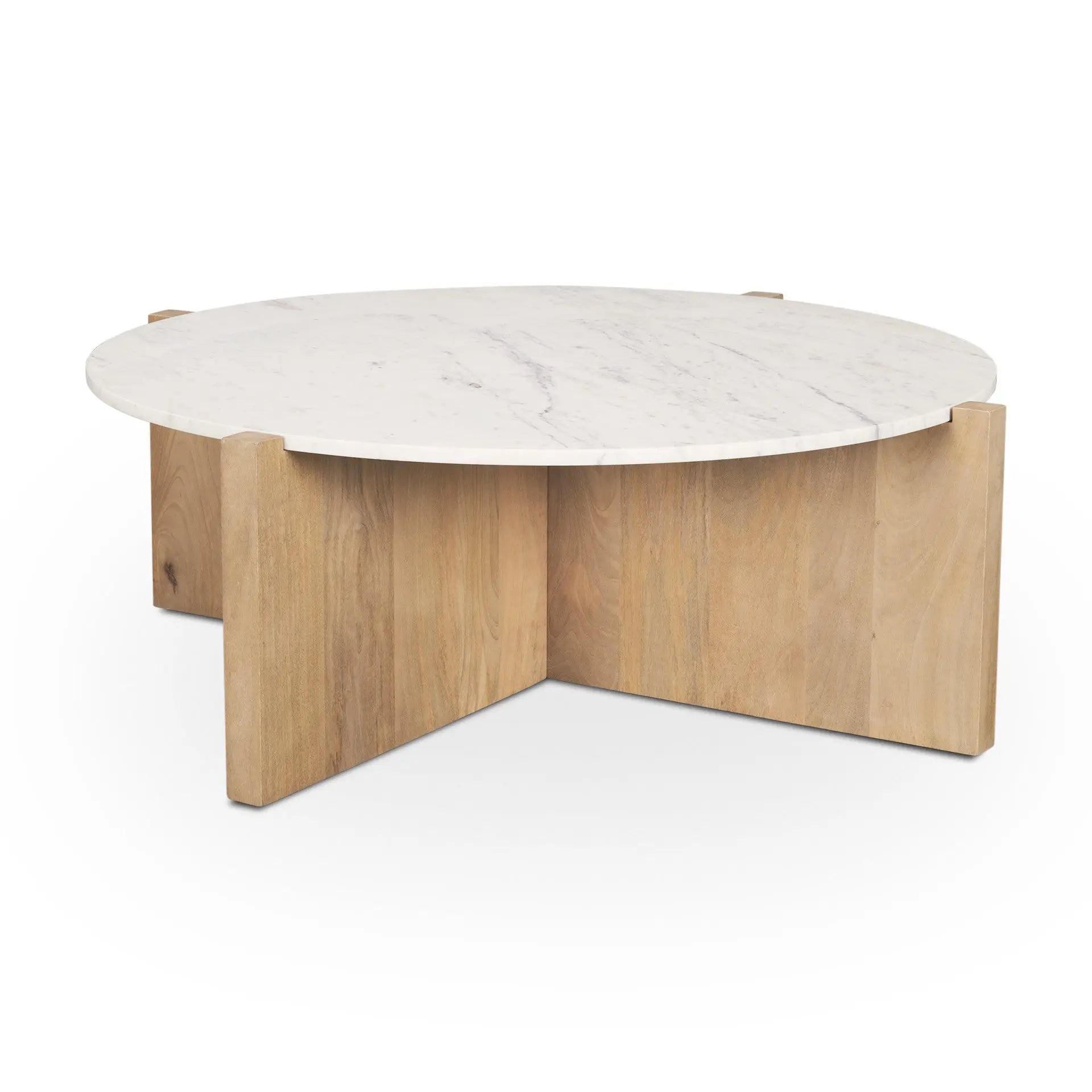 48" White and Brown Stone and Solid Wood Round Coffee Table Homeroots Living Room