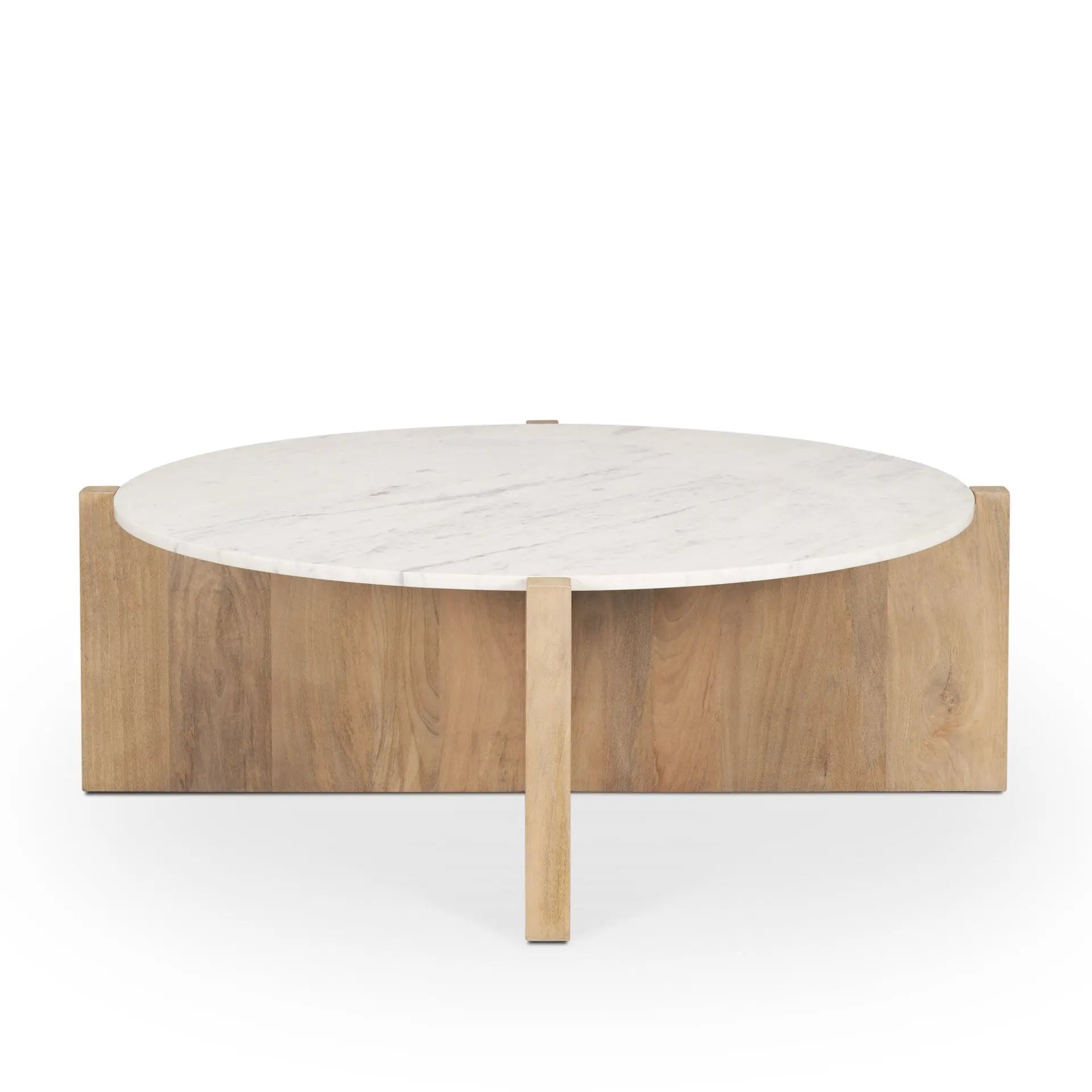 48" White and Brown Stone and Solid Wood Round Coffee Table Homeroots Living Room