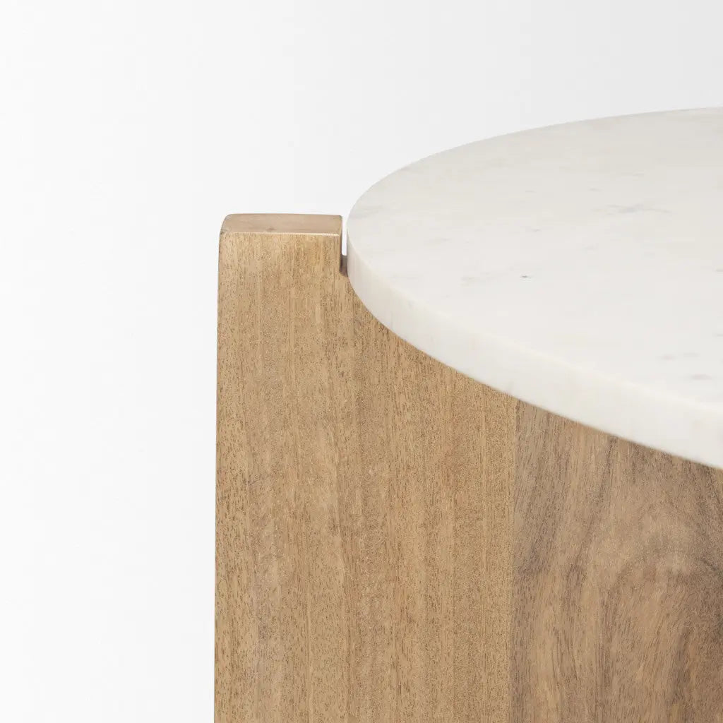 48" White and Brown Stone and Solid Wood Round Coffee Table Homeroots Living Room