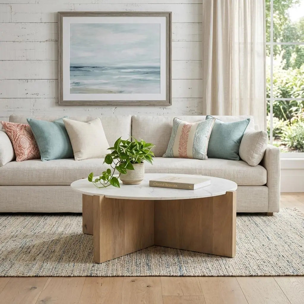 48" White and Brown Stone and Solid Wood Round Coffee Table Homeroots Living Room