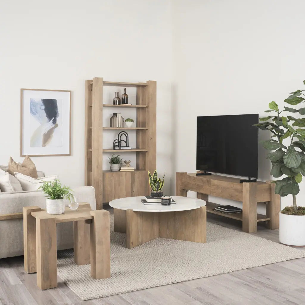 48" White and Brown Stone and Solid Wood Round Coffee Table Homeroots Living Room