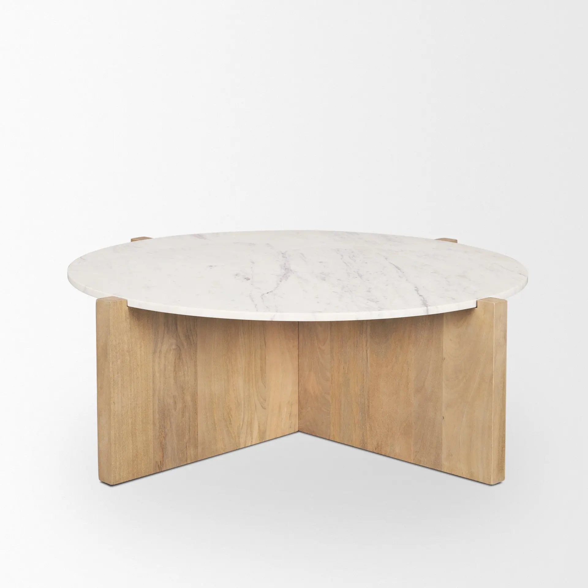 48" White and Brown Stone and Solid Wood Round Coffee Table Homeroots Living Room
