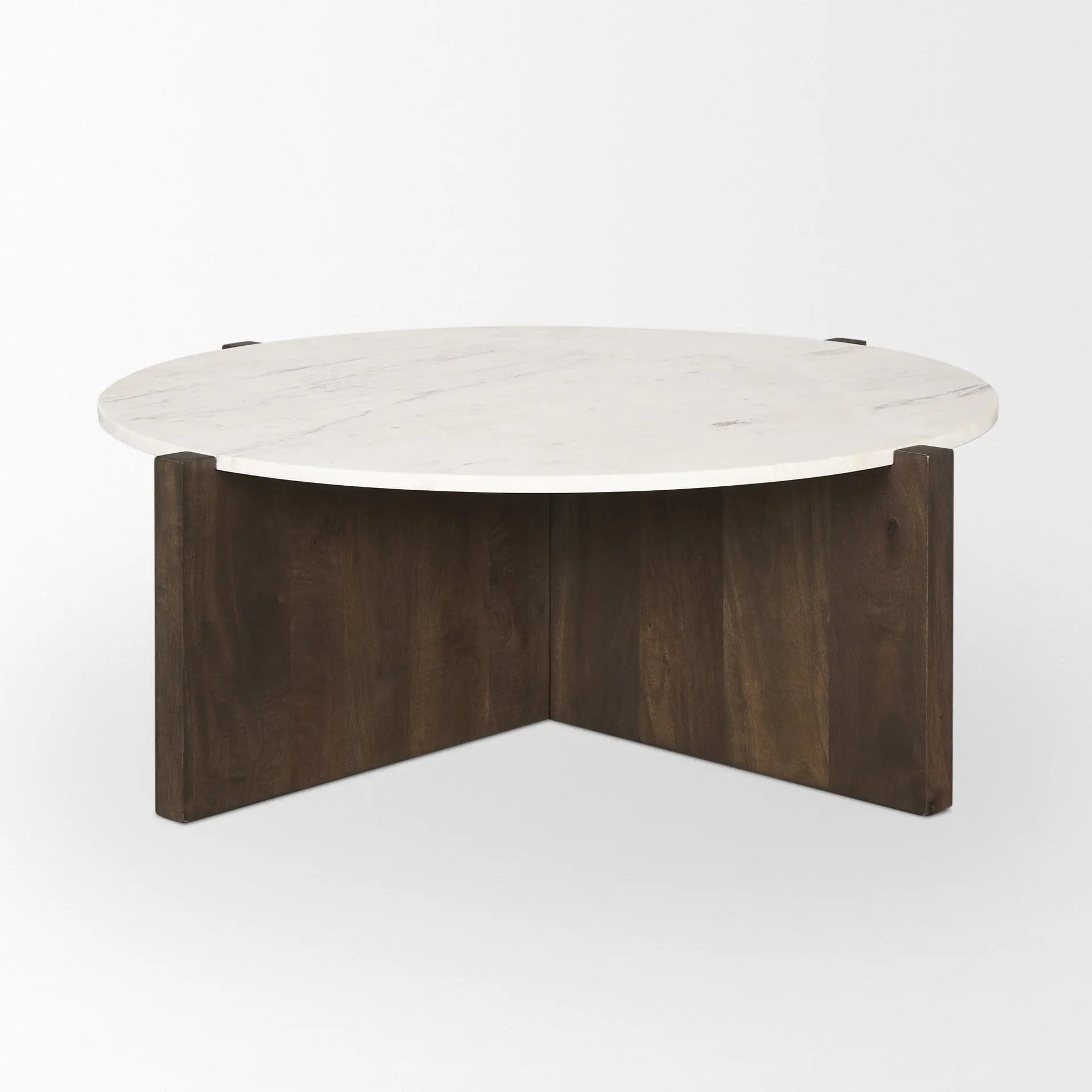 48" White and Brown Stone and Solid Wood Round Coffee Table Homeroots Living Room