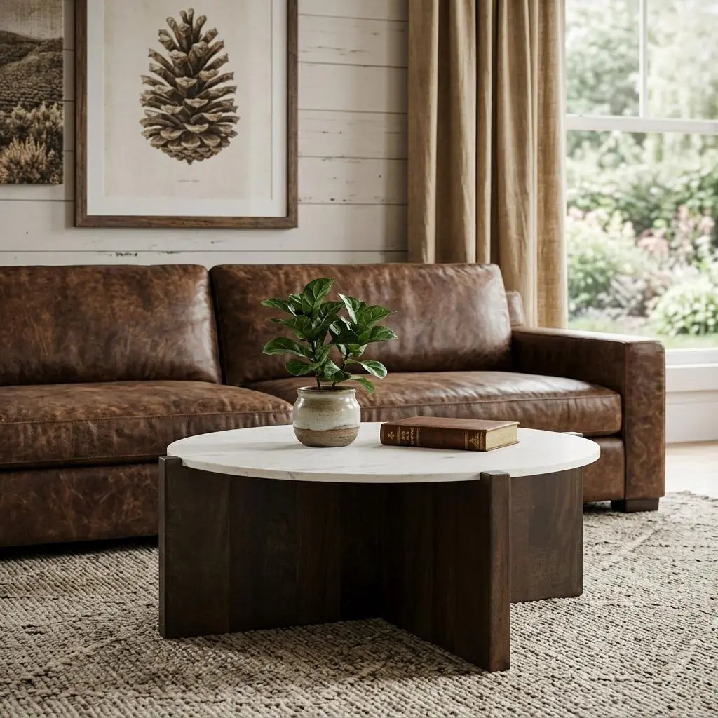 48" White and Brown Stone and Solid Wood Round Coffee Table Homeroots Living Room