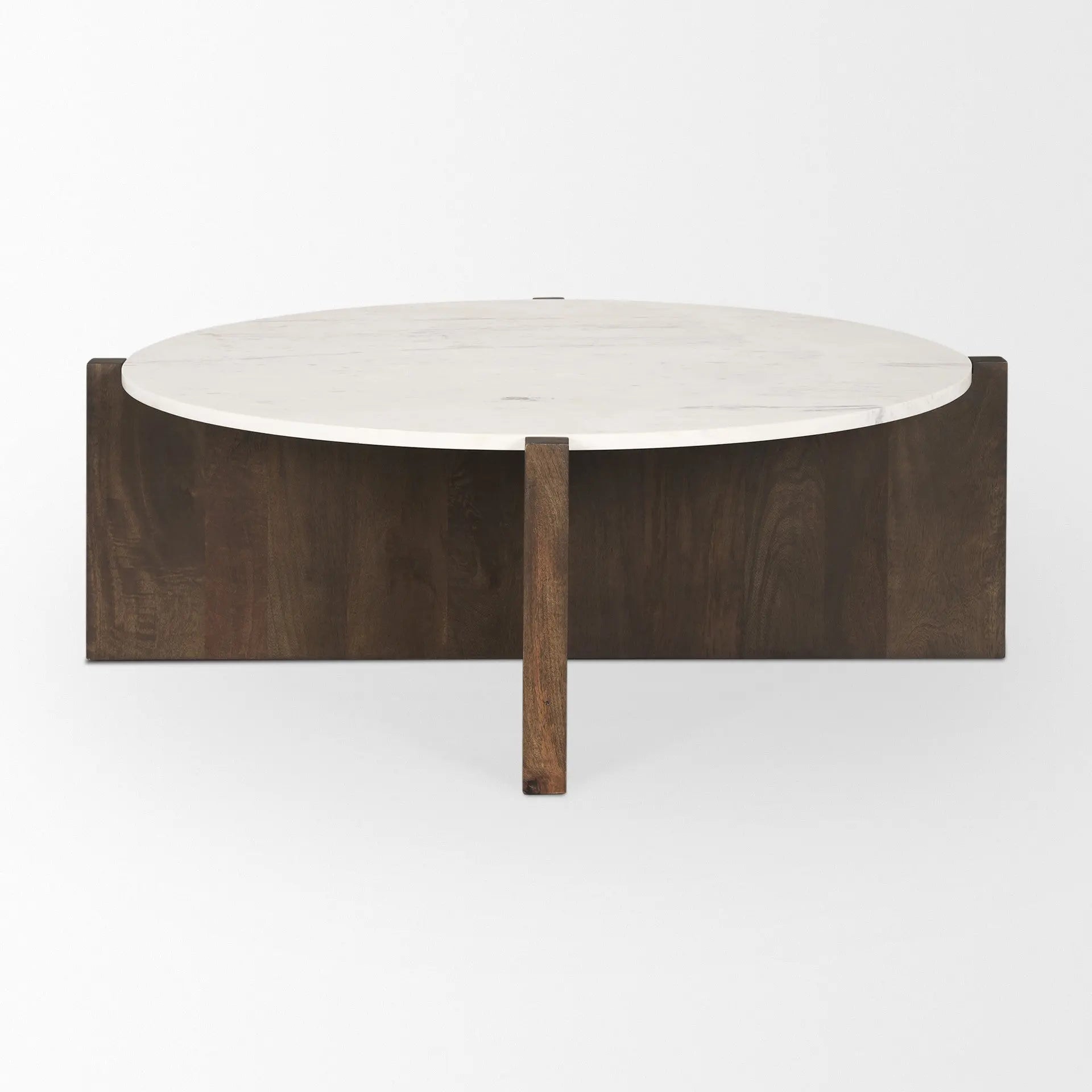 48" White and Brown Stone and Solid Wood Round Coffee Table Homeroots Living Room