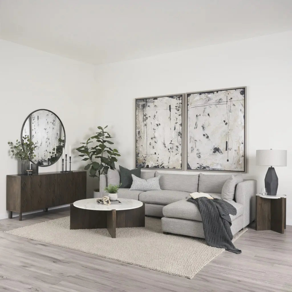 48" White and Brown Stone and Solid Wood Round Coffee Table Homeroots Living Room