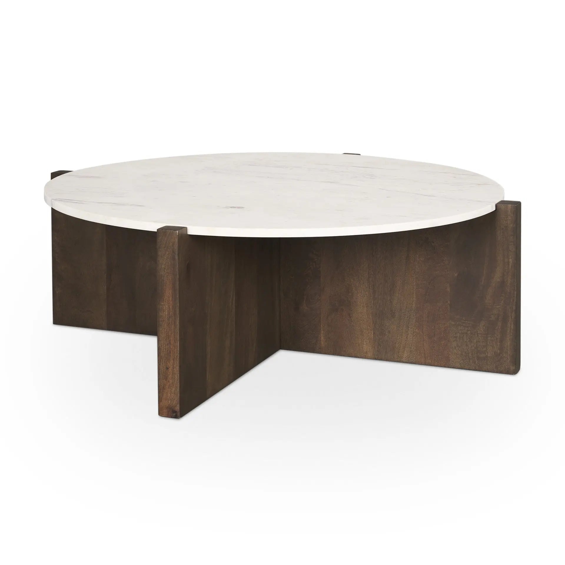 48" White and Brown Stone and Solid Wood Round Coffee Table Homeroots Living Room