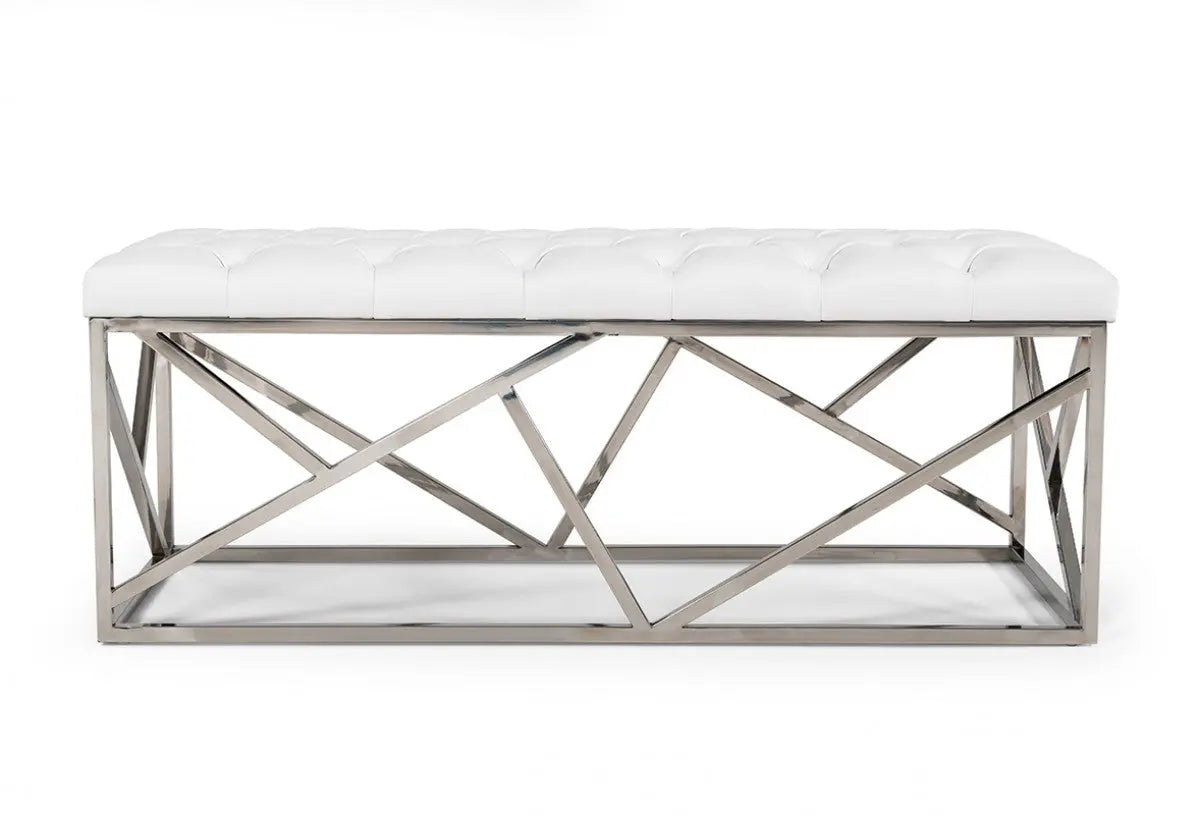 48" White and Silver Tufted Faux Leather Upholstered Bench Homeroots Living Room
