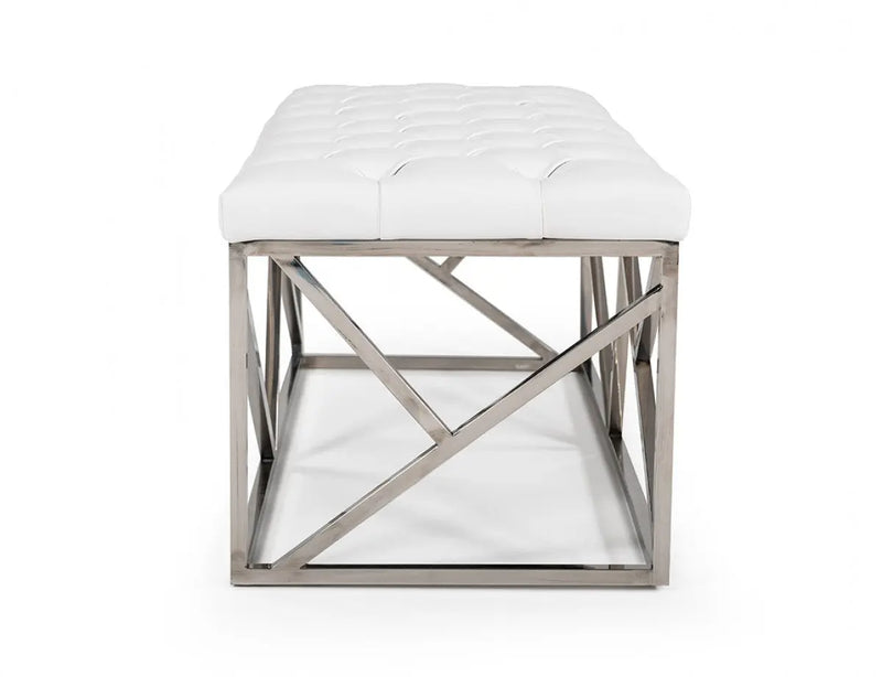 48" White and Silver Tufted Faux Leather Upholstered Bench Homeroots Living Room