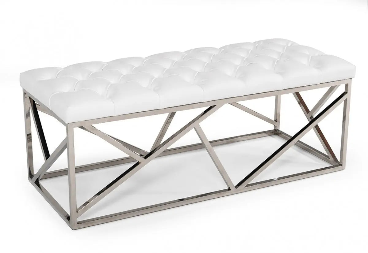 48" White and Silver Tufted Faux Leather Upholstered Bench Homeroots Living Room