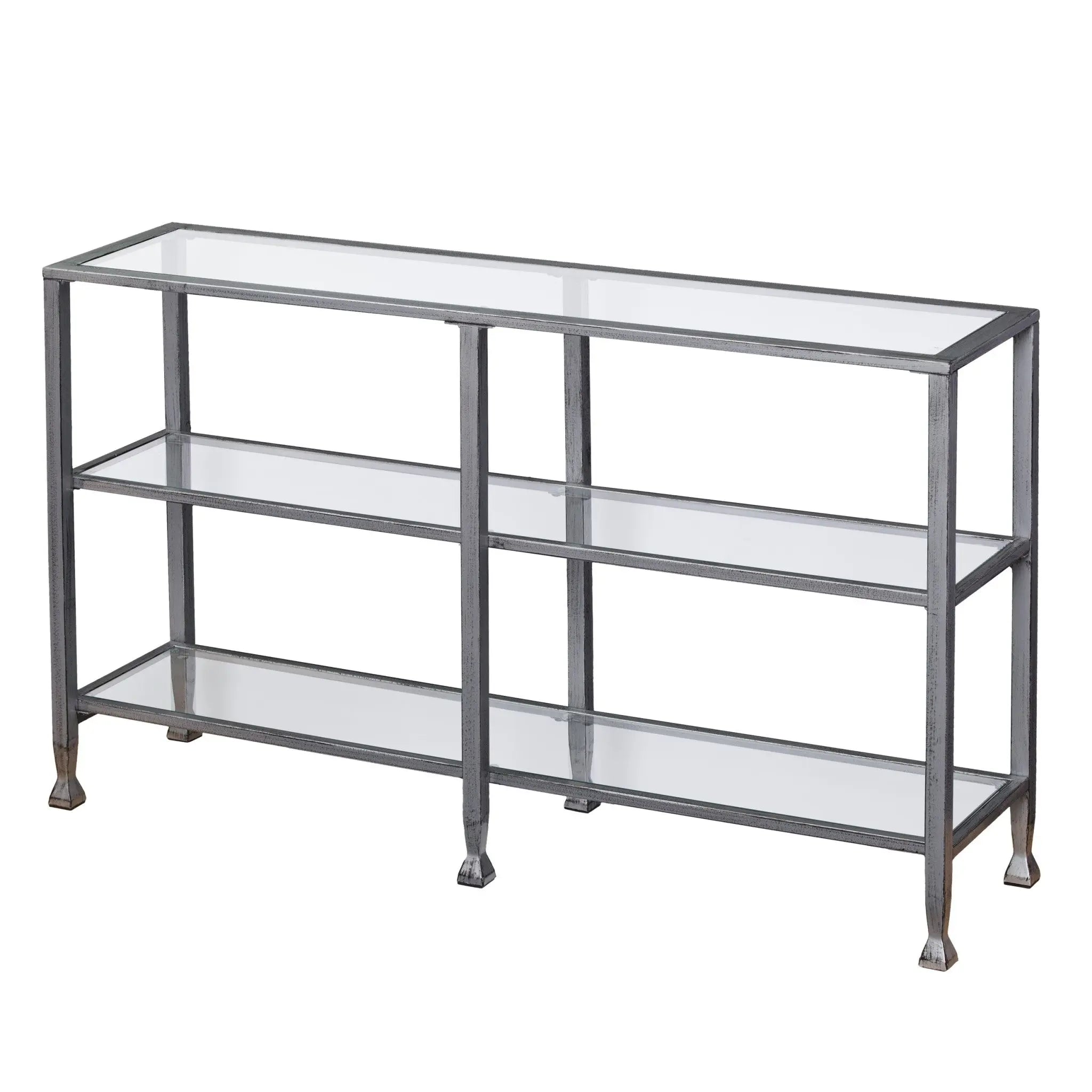 49" Clear and Silver Glass Distressed Frame Console Table With Shelves Homeroots Living Room