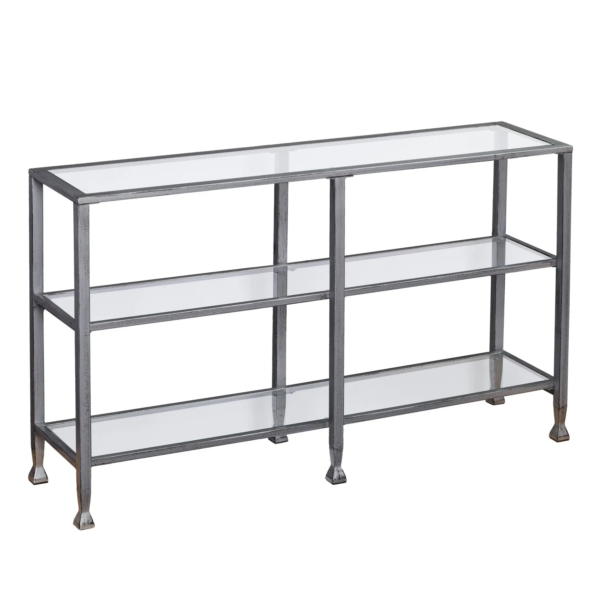 49" Clear and Silver Glass Distressed Frame Console Table With Shelves Homeroots Living Room