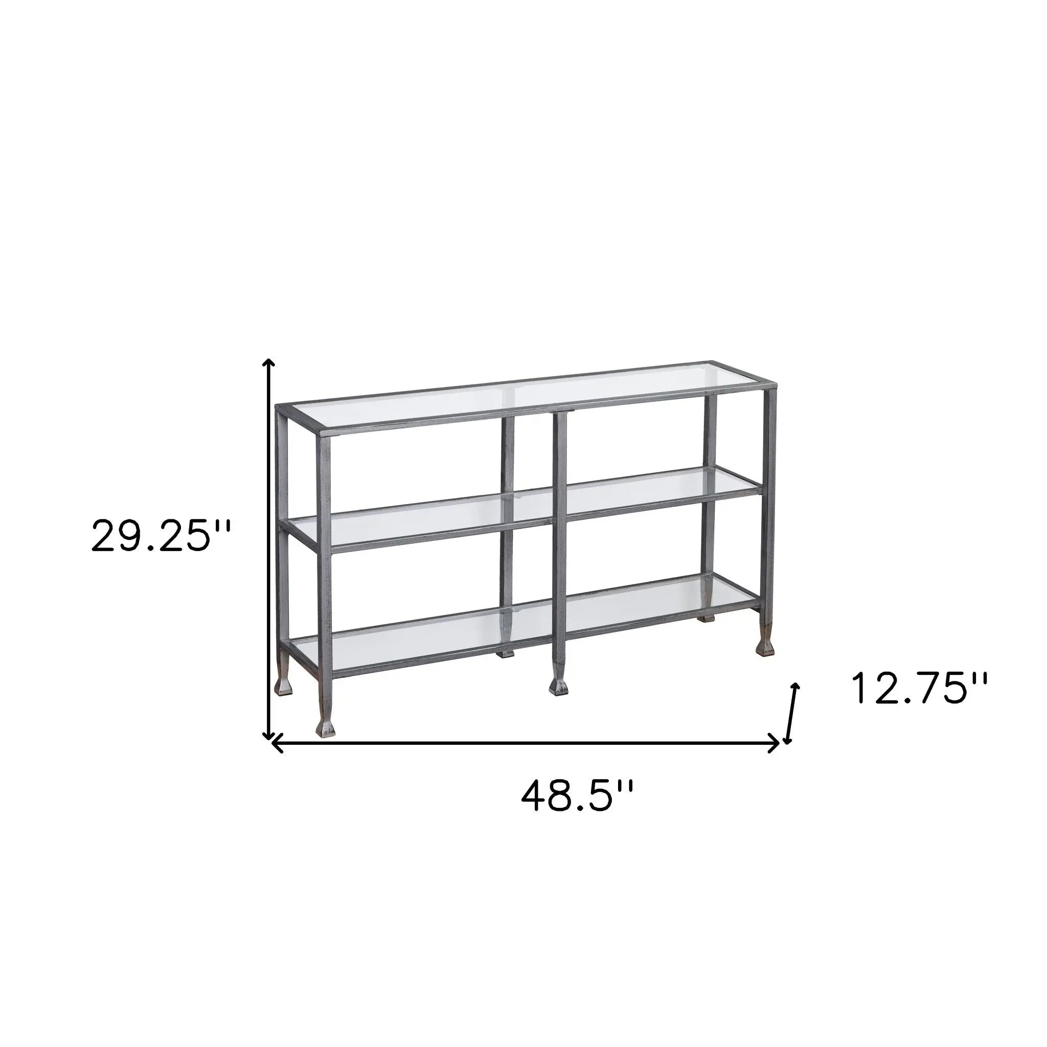 49" Clear and Silver Glass Distressed Frame Console Table With Shelves Homeroots Living Room