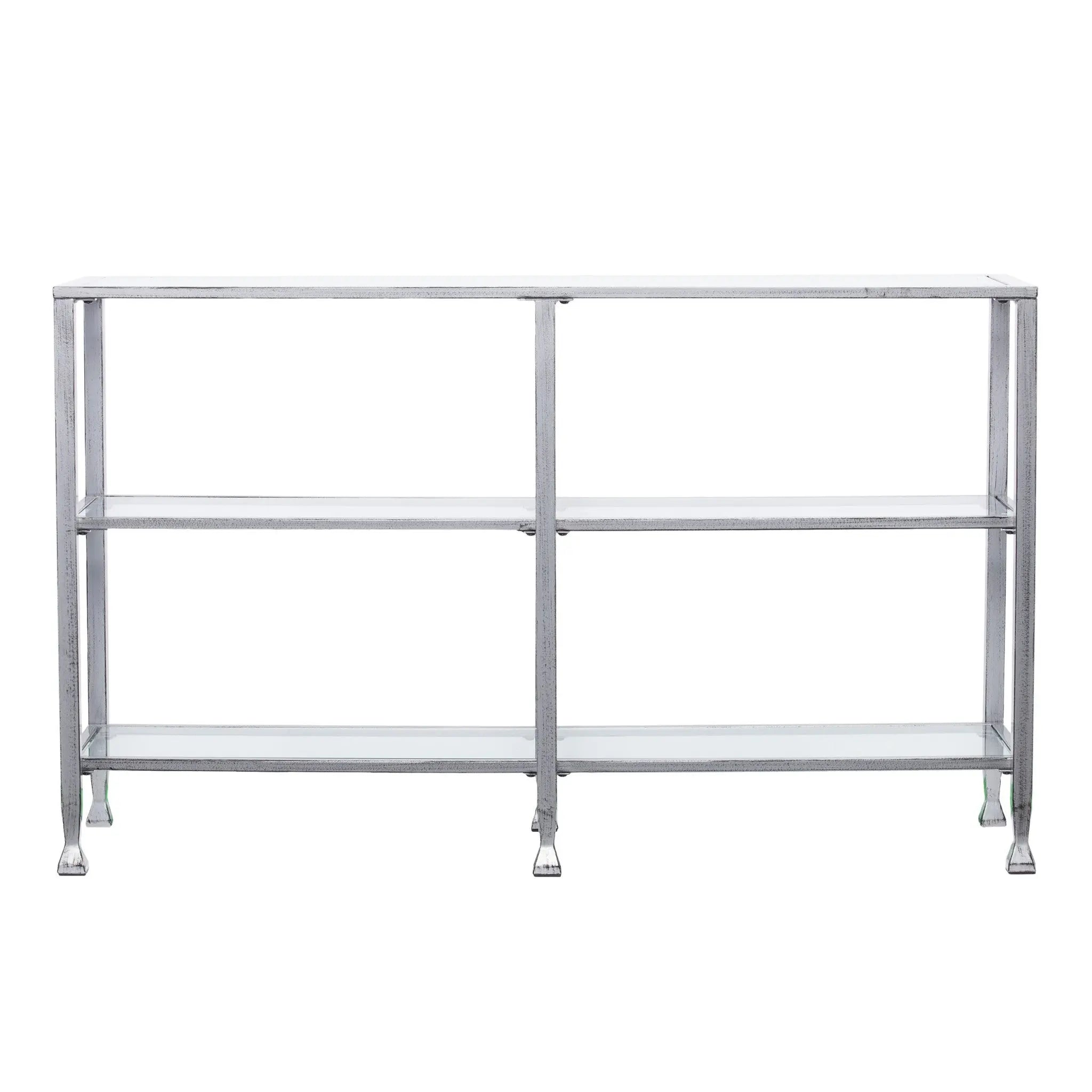 49" Clear and Silver Glass Distressed Frame Console Table With Shelves Homeroots Living Room