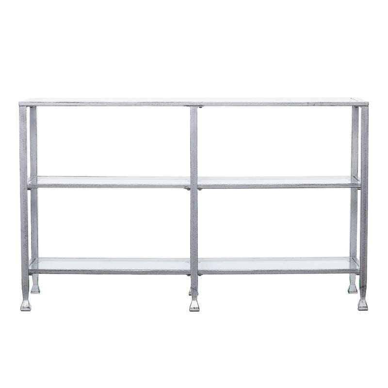 49" Clear and Silver Glass Distressed Frame Console Table With Shelves Homeroots Living Room