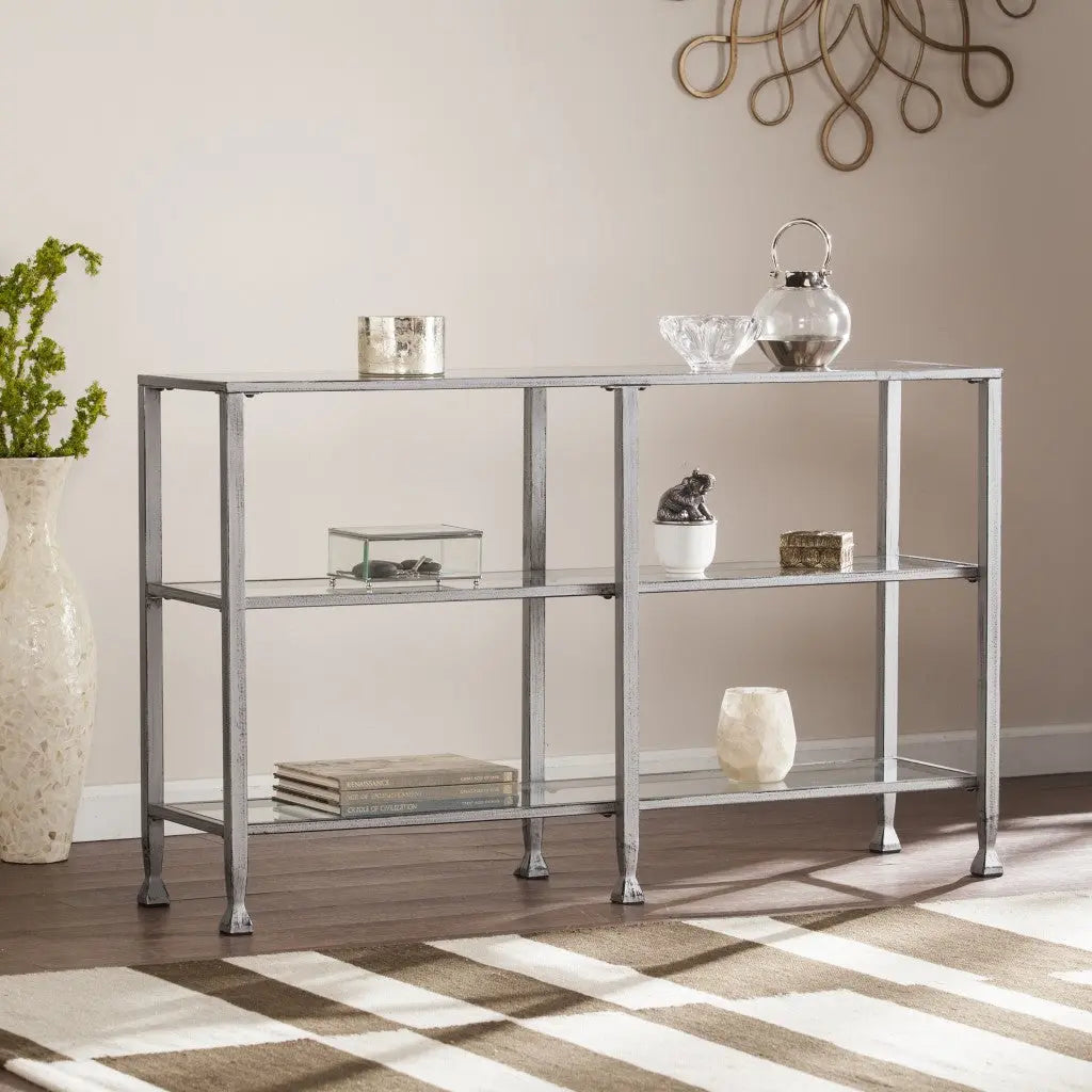 49" Clear and Silver Glass Distressed Frame Console Table With Shelves Homeroots Living Room