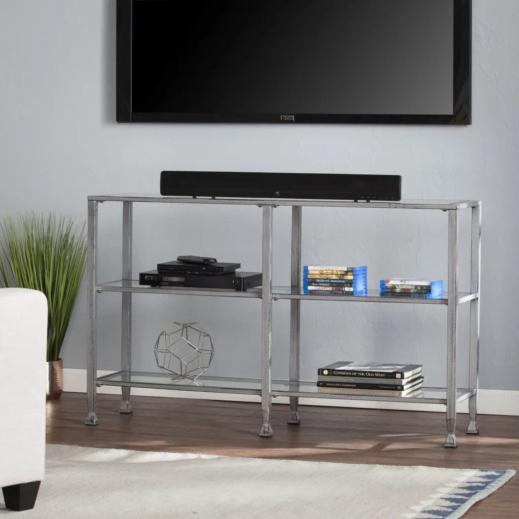 49" Clear and Silver Glass Distressed Frame Console Table With Shelves Homeroots Living Room