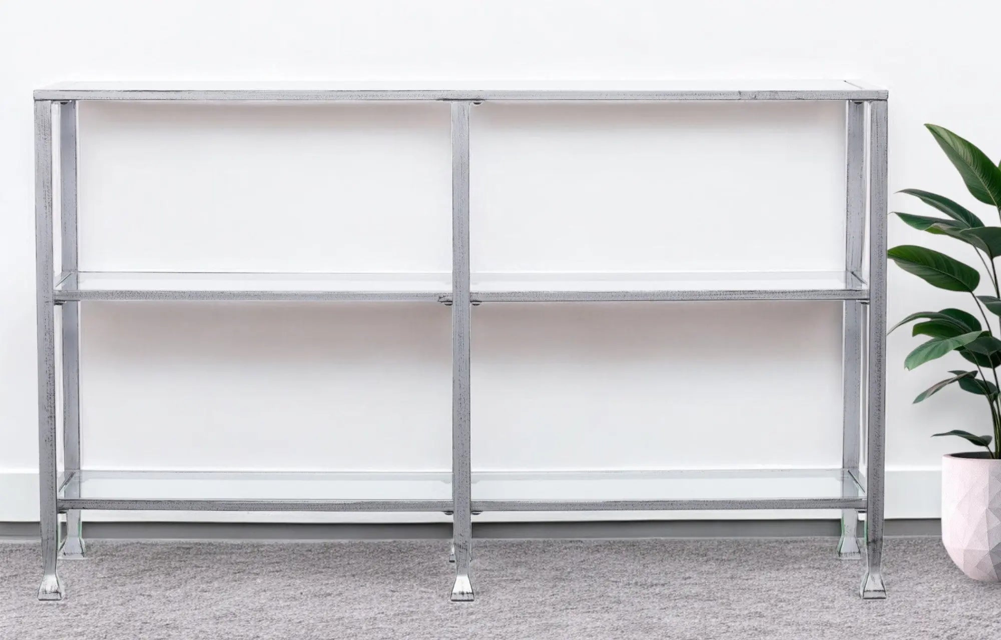 49" Clear and Silver Glass Distressed Frame Console Table With Shelves Homeroots Living Room