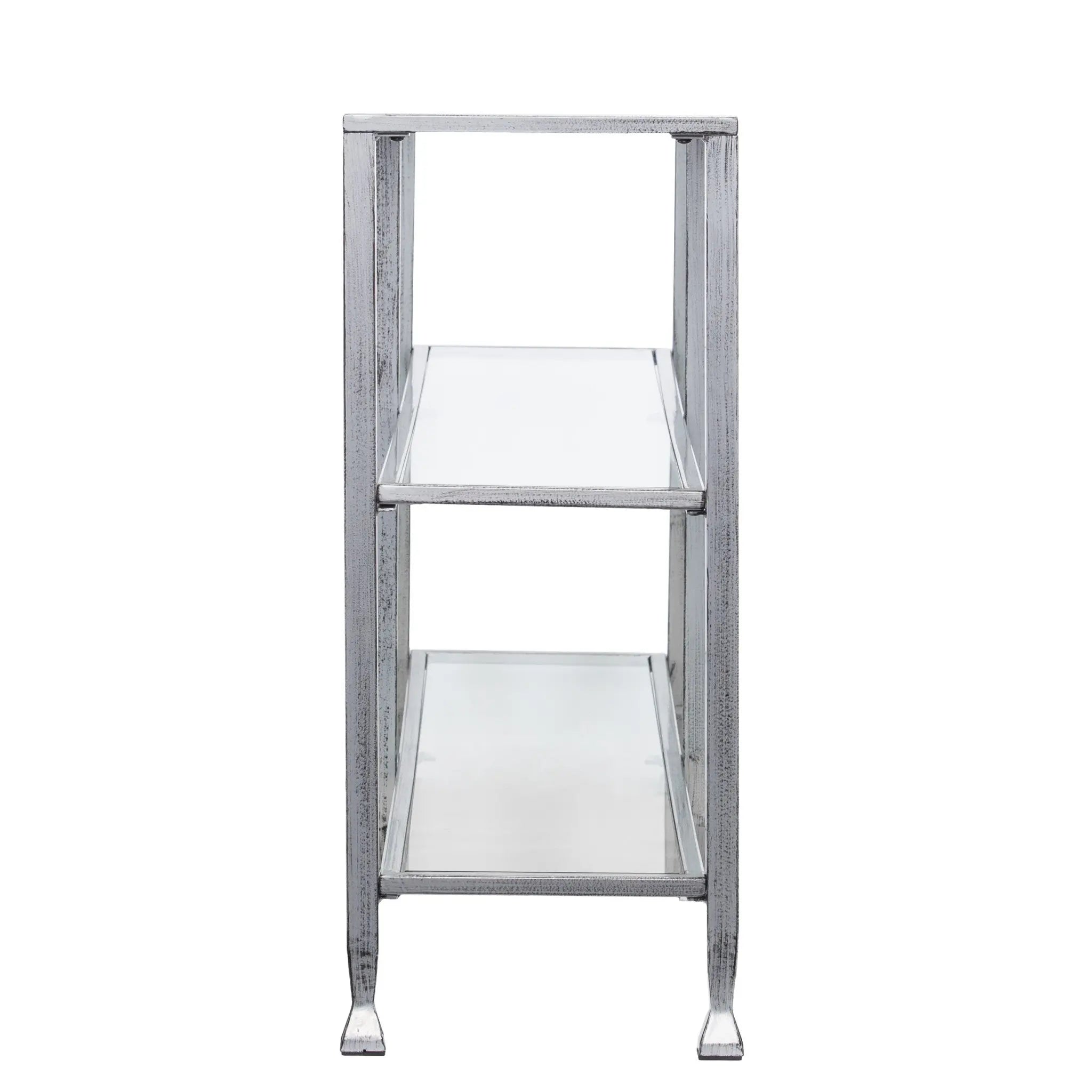 49" Clear and Silver Glass Distressed Frame Console Table With Shelves Homeroots Living Room