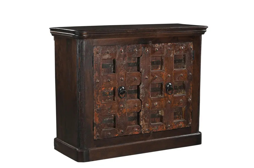 49" Dark Brown Distressed Solid Wood Carved Geometric Sideboard With Two Doors Homeroots Kitchen & Dining