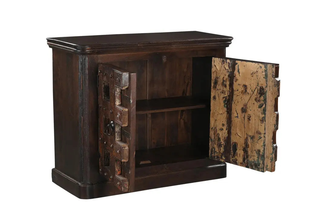 49" Dark Brown Distressed Solid Wood Carved Geometric Sideboard With Two Doors Homeroots Kitchen & Dining