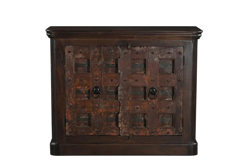 49" Dark Brown Distressed Solid Wood Carved Geometric Sideboard With Two Doors Homeroots Kitchen & Dining