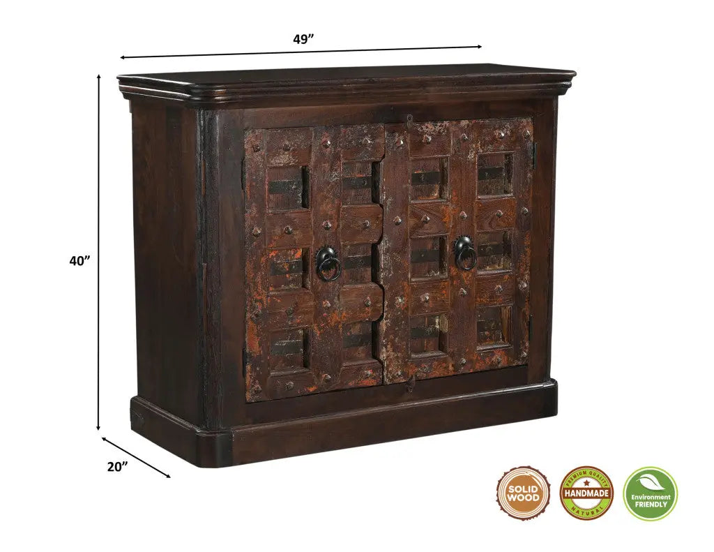49" Dark Brown Distressed Solid Wood Carved Geometric Sideboard With Two Doors Homeroots Kitchen & Dining