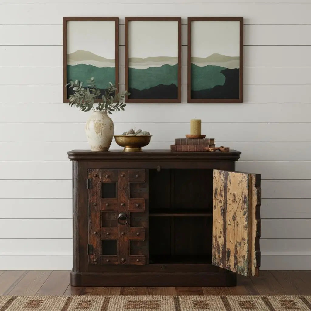 49" Dark Brown Distressed Solid Wood Carved Geometric Sideboard With Two Doors Homeroots Kitchen & Dining