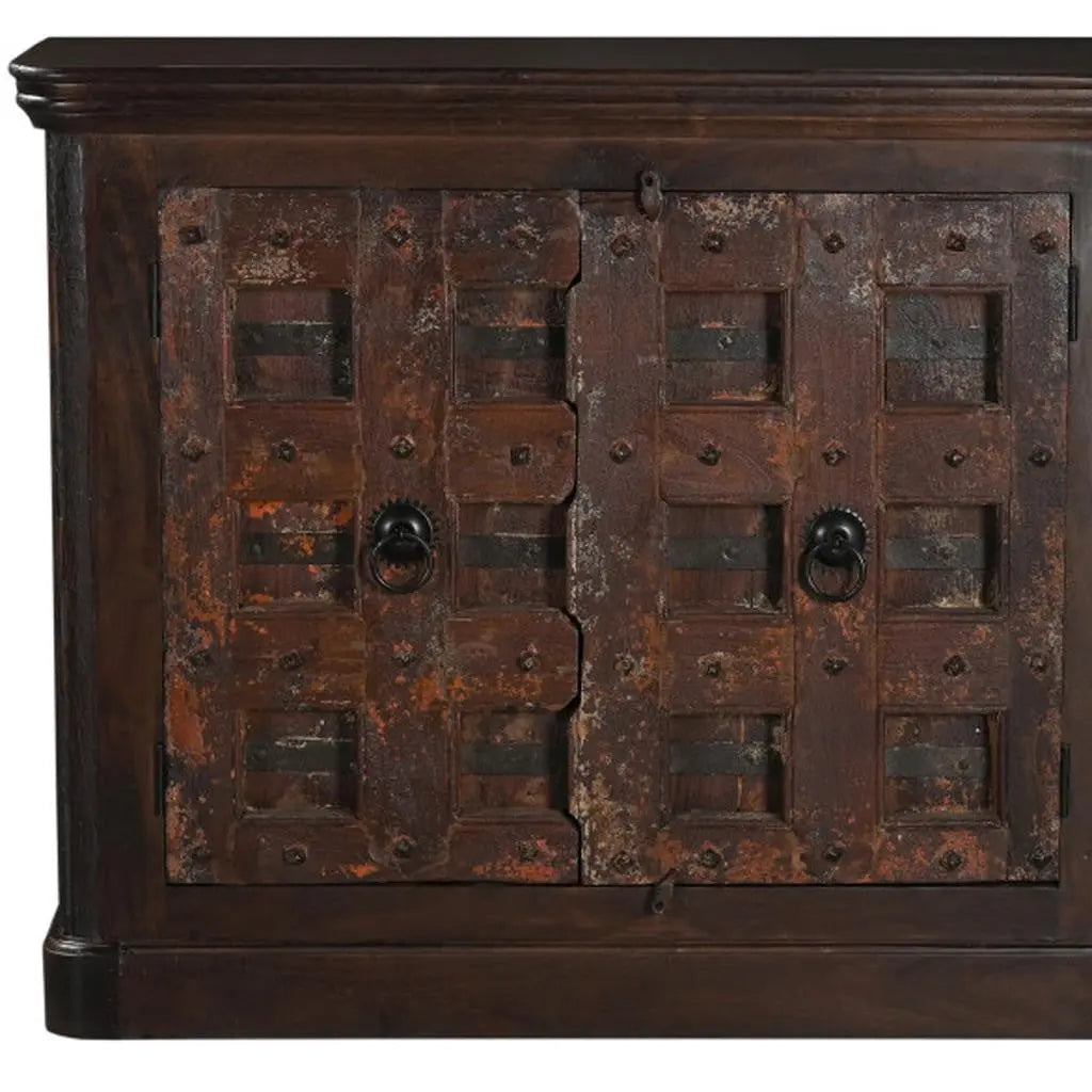 49" Dark Brown Distressed Solid Wood Carved Geometric Sideboard With Two Doors Homeroots Kitchen & Dining