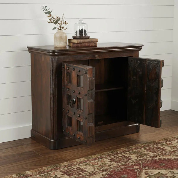 49" Dark Brown Distressed Solid Wood Carved Geometric Sideboard With Two Doors Homeroots Kitchen & Dining
