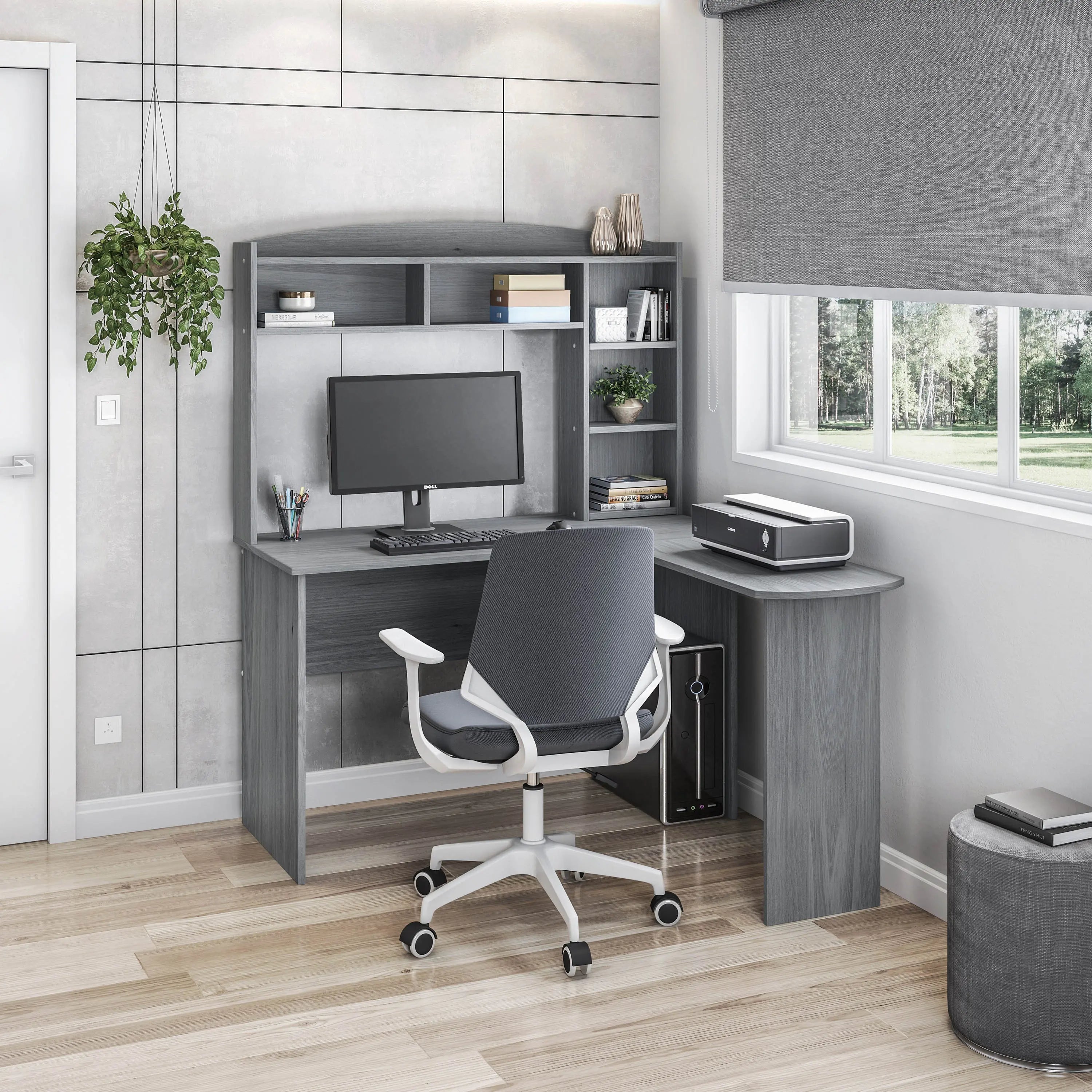49" Gray Wood L Shape Computer Desk With Hutch Homeroots Office