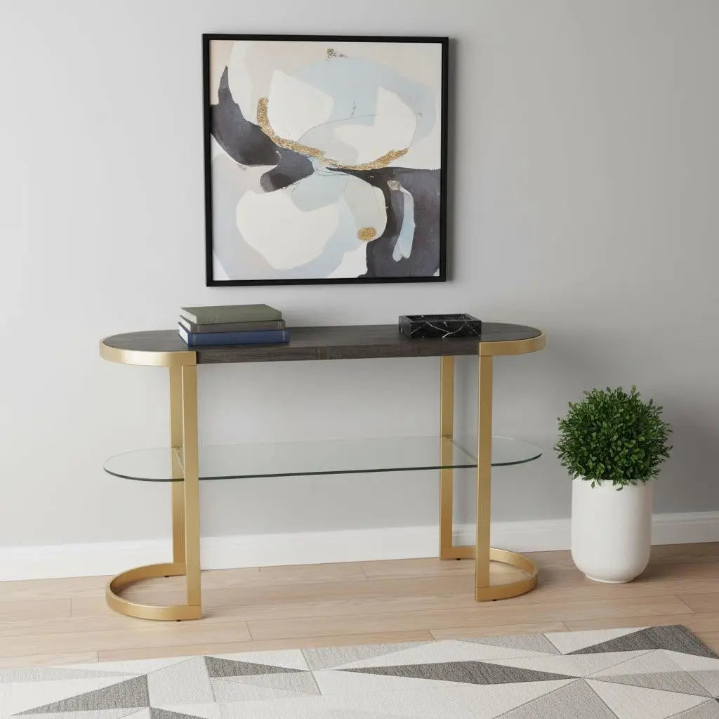 49" Gray and Gold Solid Wood Oval Sled Console Table With Storage Homeroots Living Room