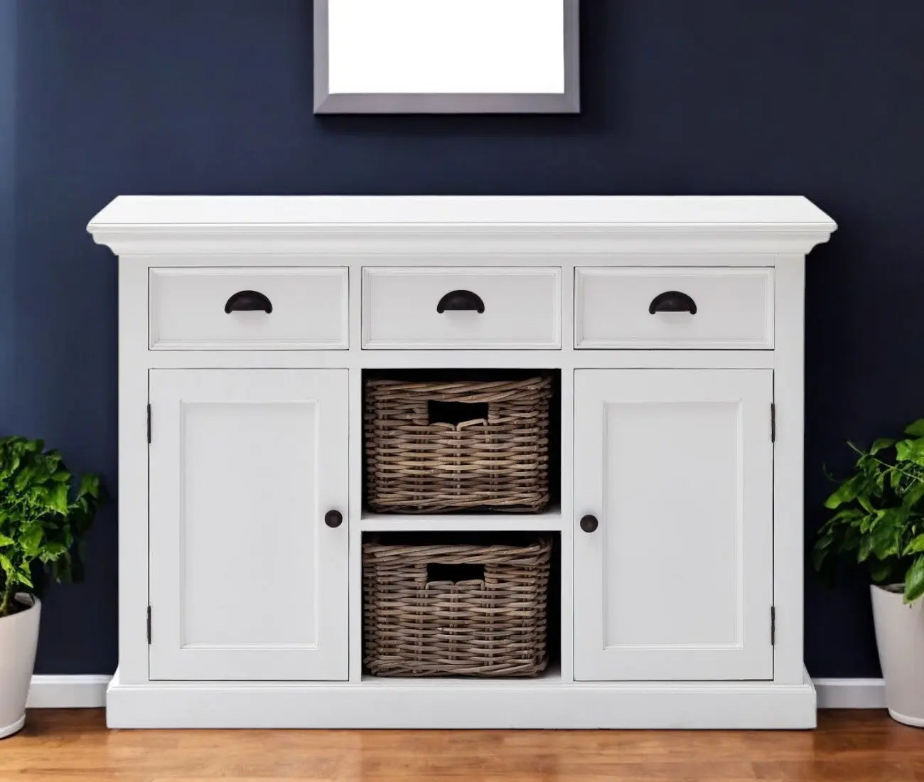 49" White Wood Three Drawer Sideboard with Two Doors Homeroots Kitchen & Dining