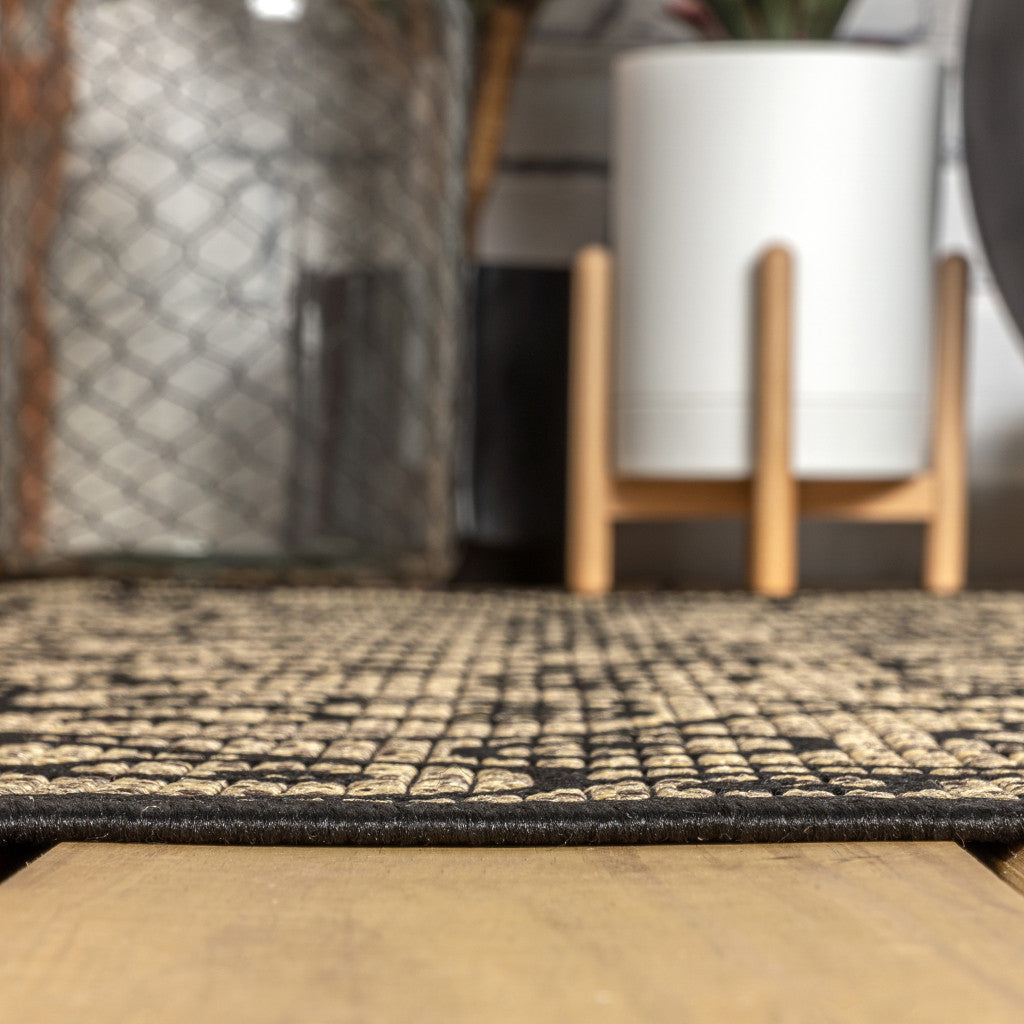 4' Black And Khaki Square Geometric Indoor Outdoor Area Rug - GreatEagleInc