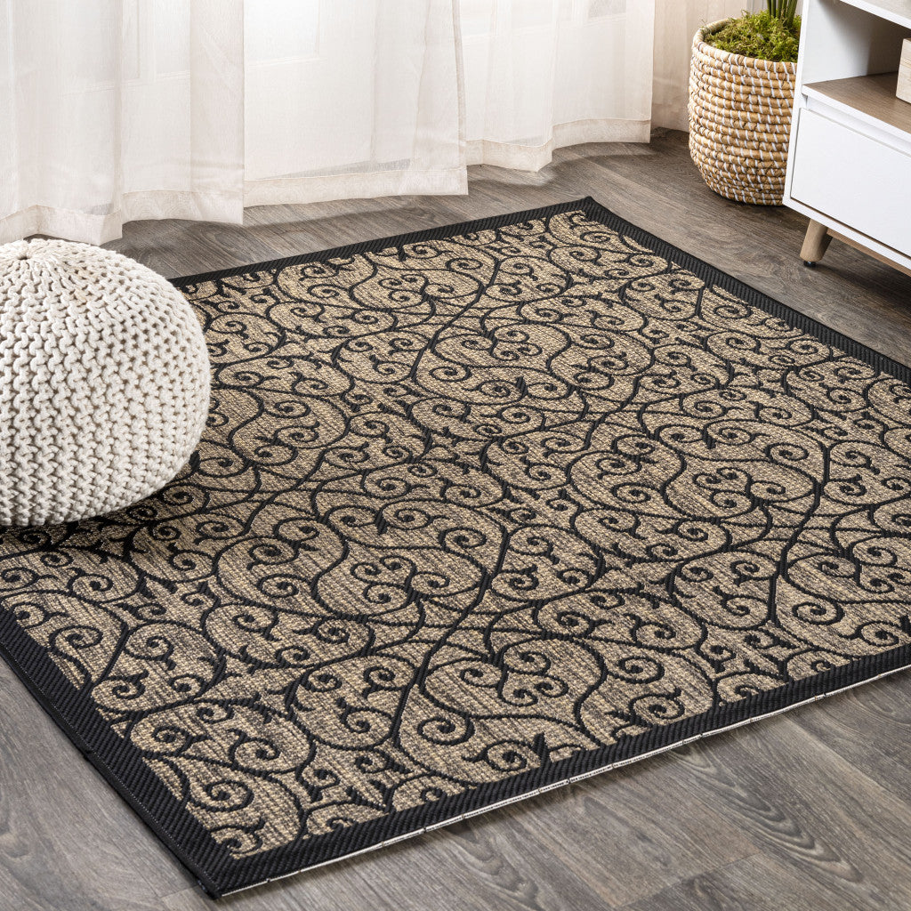 4' Black And Khaki Square Geometric Indoor Outdoor Area Rug - GreatEagleInc