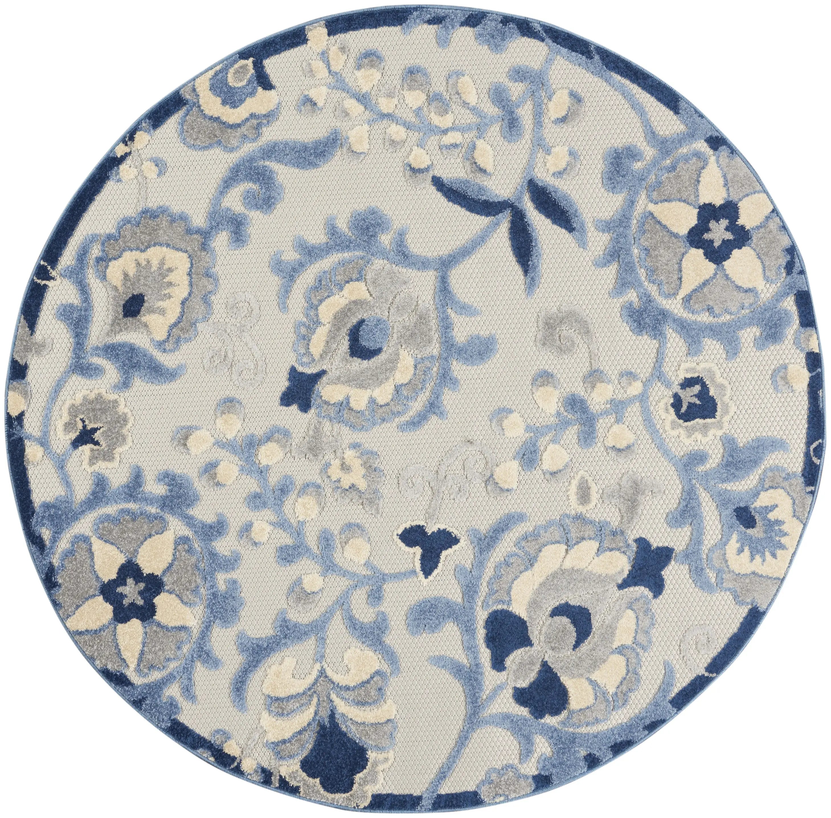 4' Blue And Gray Round Floral Indoor Outdoor Area Rug Homeroots Outdoor