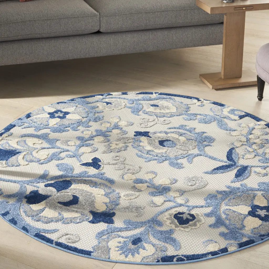 4' Blue And Gray Round Floral Indoor Outdoor Area Rug Homeroots Outdoor