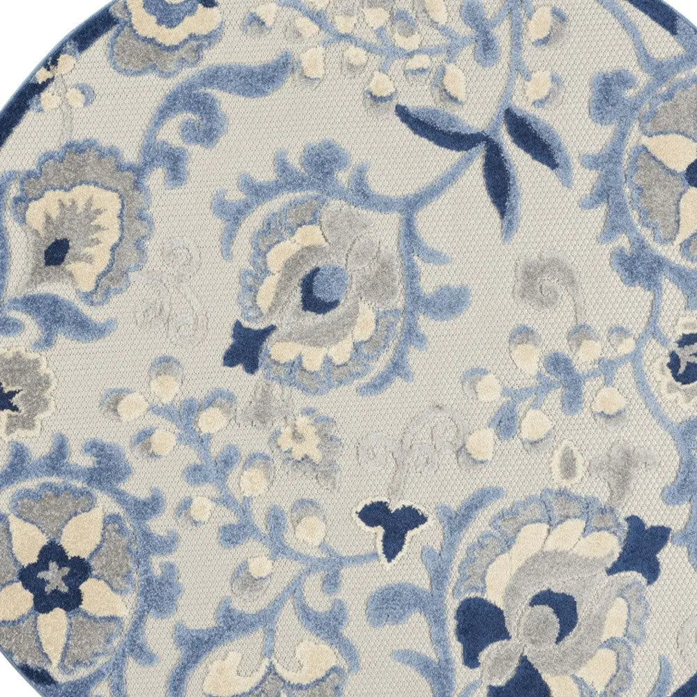 4' Blue And Gray Round Floral Indoor Outdoor Area Rug Homeroots Outdoor