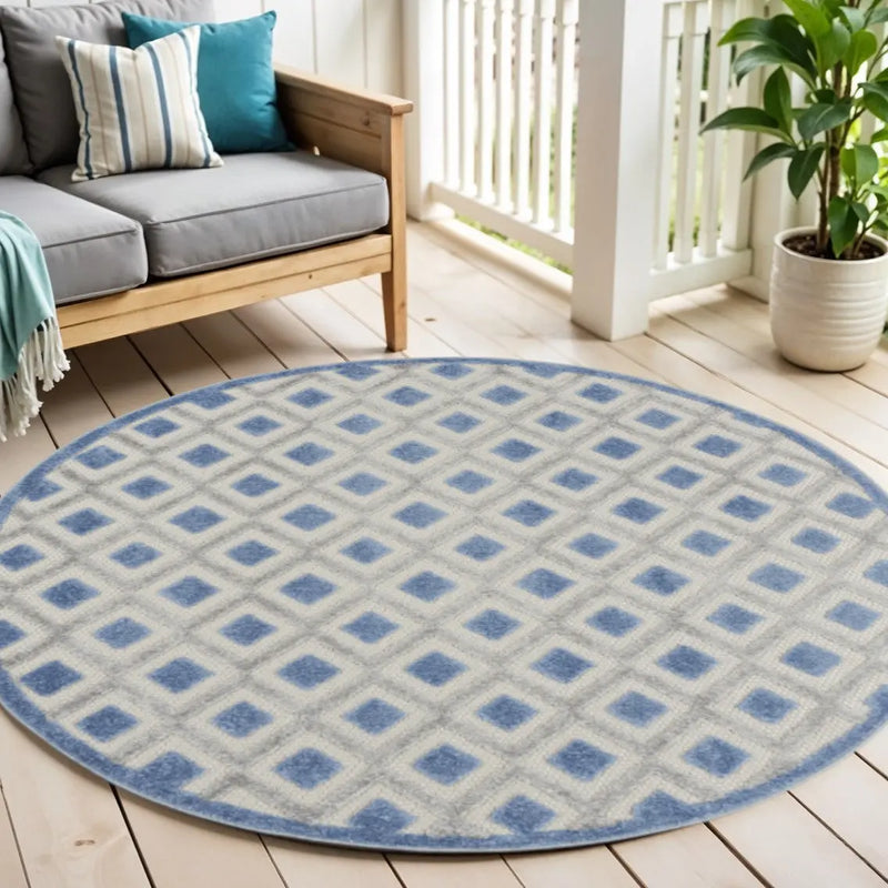 4' Blue And Gray Round Geometric Indoor Outdoor Area Rug Homeroots Outdoor