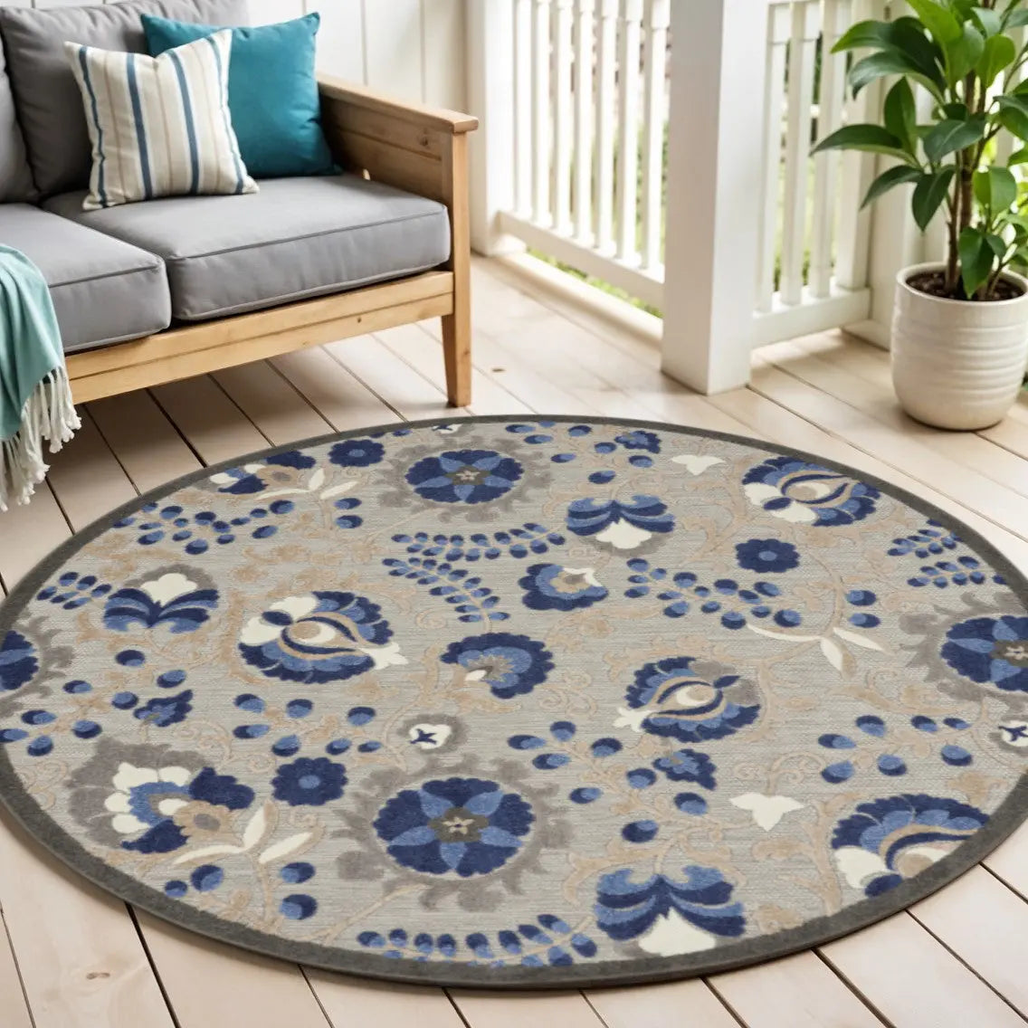 4' Blue And Gray Round Indoor Outdoor Area Rug - GreatEagleInc